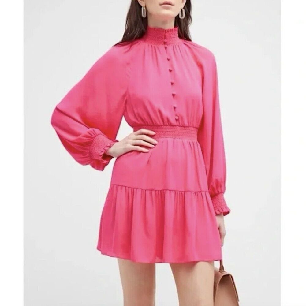 ALICE + OLIVIA Lavinia Tiered Mini Dress Smocked Balloon Sleeve Wild Pink Size 6